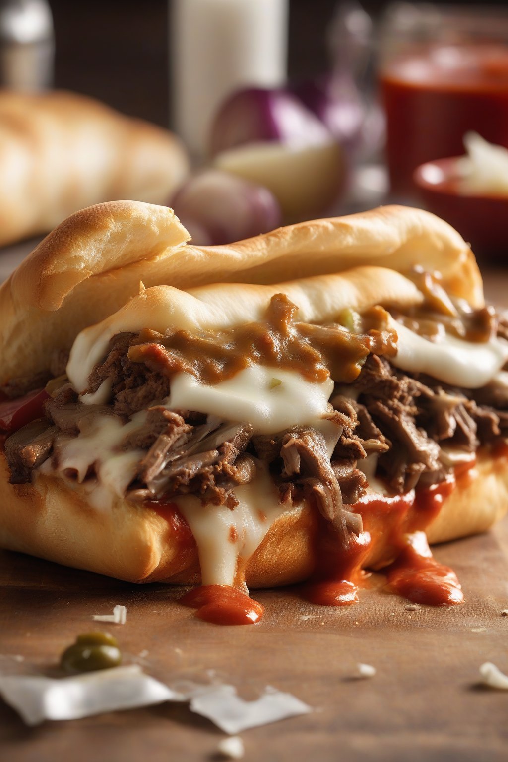 A high-resolution photo of a pizza-style Philly cheesesteak oozing mozzarella and red sauce over beef and onions in a crispy roll, under soft lighting.