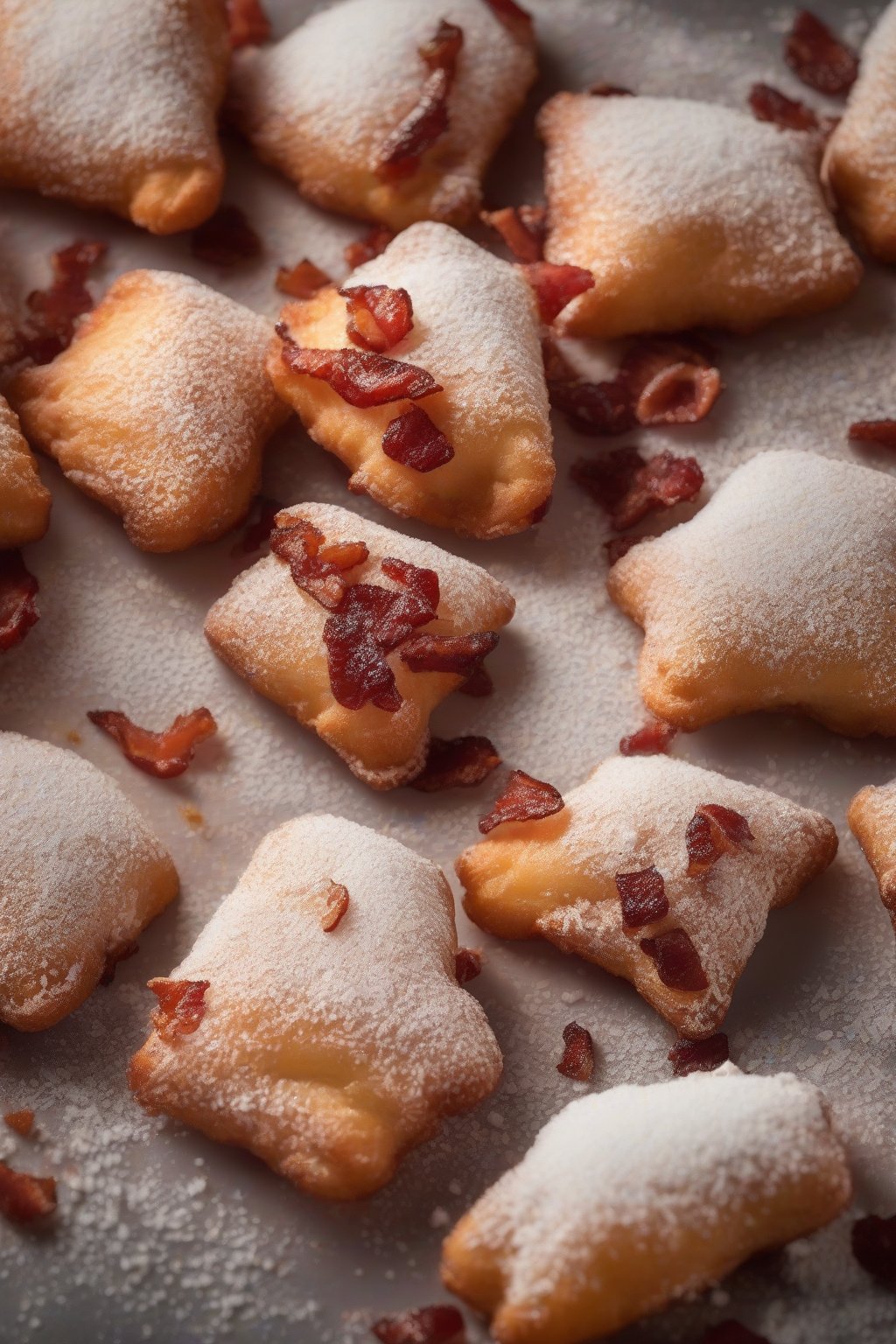 A high-resolution photo of bacon maple powdered beignets with crispy bacon bits visible through sugar dusting, syrup drizzle, under soft lighting.