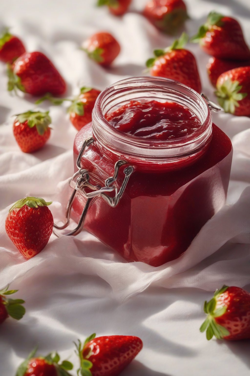 A high-resolution close-up photo of classic strawberry pectin jam in a jar, glistening ruby red with fresh strawberries beside it, under soft lighting.