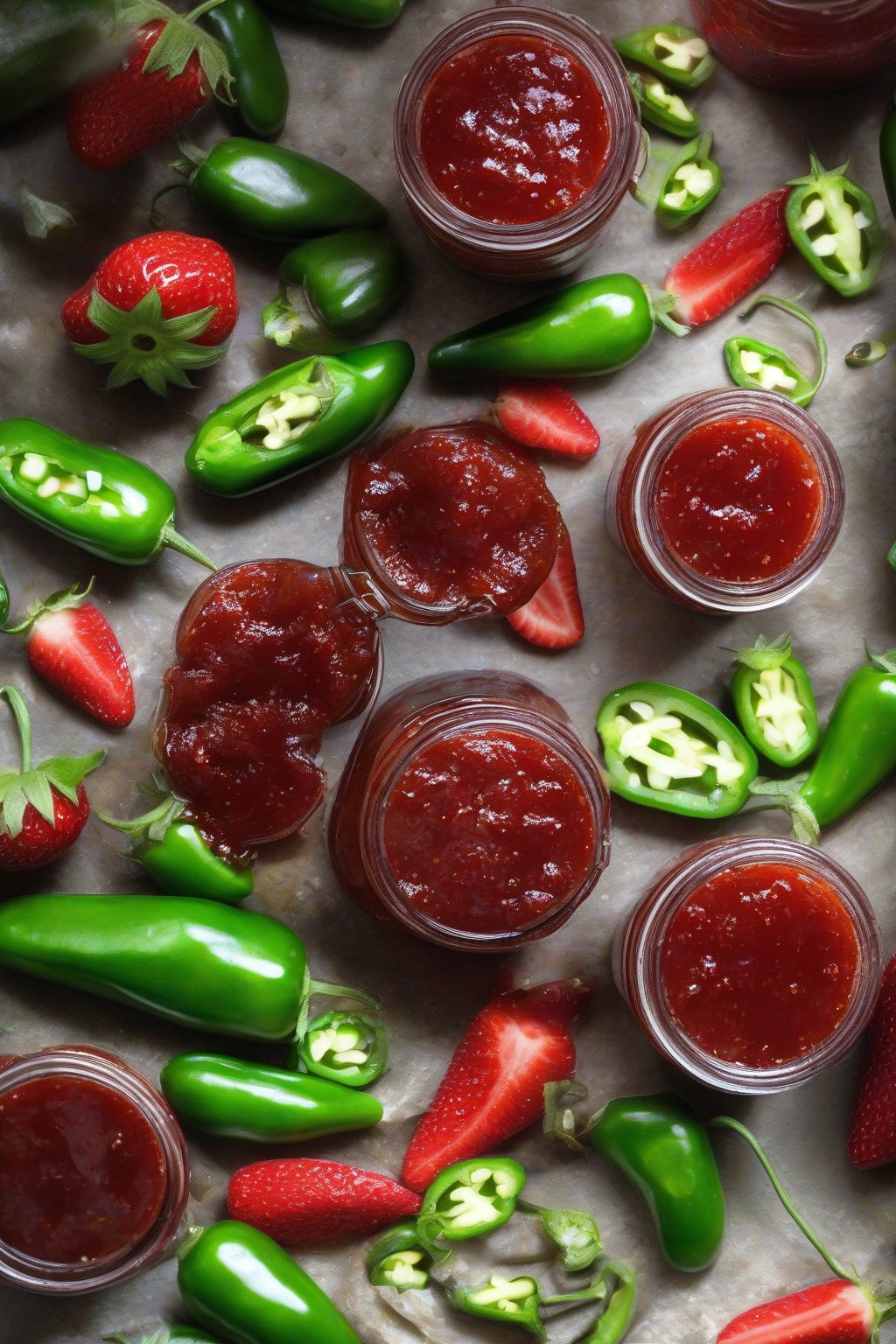A high-resolution close-up photo of spicy strawberry jalapeño pectin jam in a jar, with green flecks and sliced jalapeños nearby, under soft lighting.