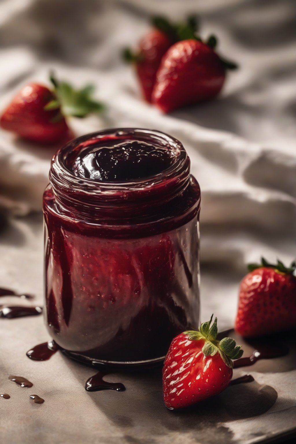 A high-resolution close-up photo of strawberry balsamic pectin jam in a jar, deep red with a glossy sheen and balsamic drizzle, under soft lighting.