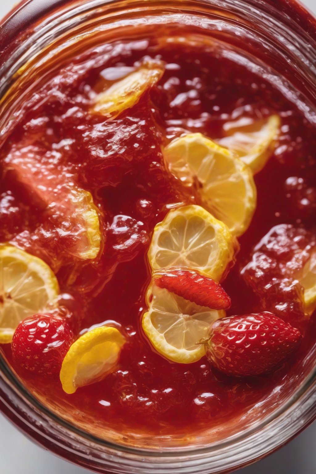 A high-resolution close-up photo of lemon zest strawberry pectin jam in a jar, flecked with yellow zest and lemon slices, under soft lighting.
