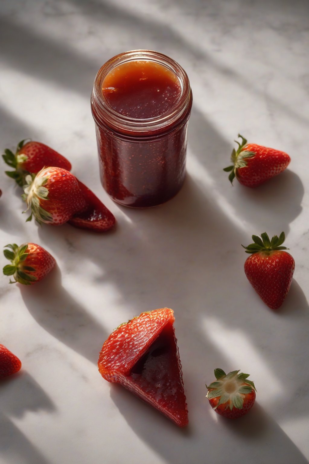 A high-resolution close-up photo of vanilla bean strawberry pectin jam in a jar, with visible black specks and a vanilla pod, under soft lighting.