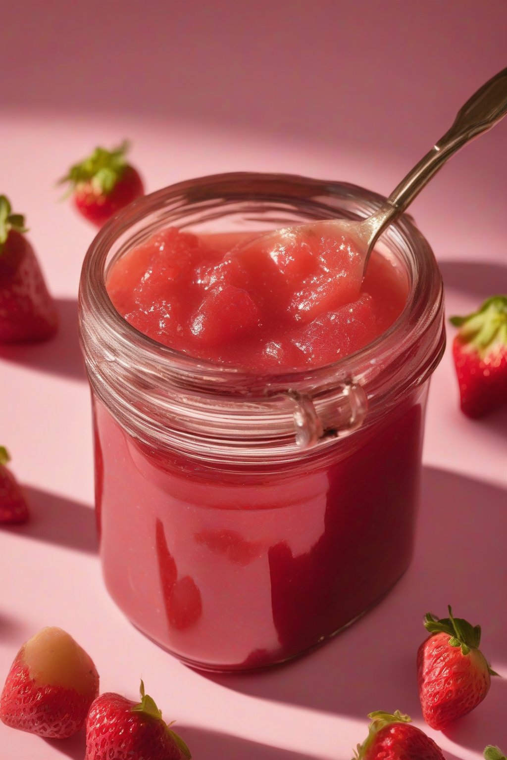 A high-resolution close-up photo of strawberry rhubarb pectin jam in a jar, pink hues with rhubarb chunks, under soft lighting.