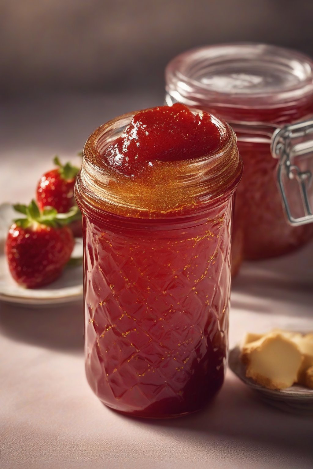 A high-resolution close-up photo of ginger strawberry pectin jam in a jar, golden flecks of ginger in ruby jam, under soft lighting.