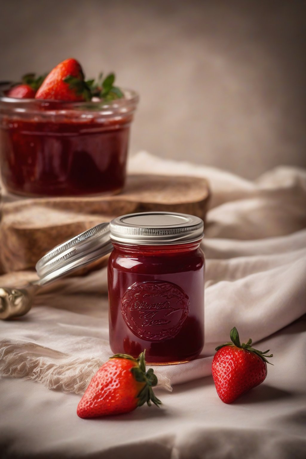 A high-resolution close-up photo of bourbon strawberry pectin jam in a jar, rich color with a bourbon bottle in the background, under soft lighting.
