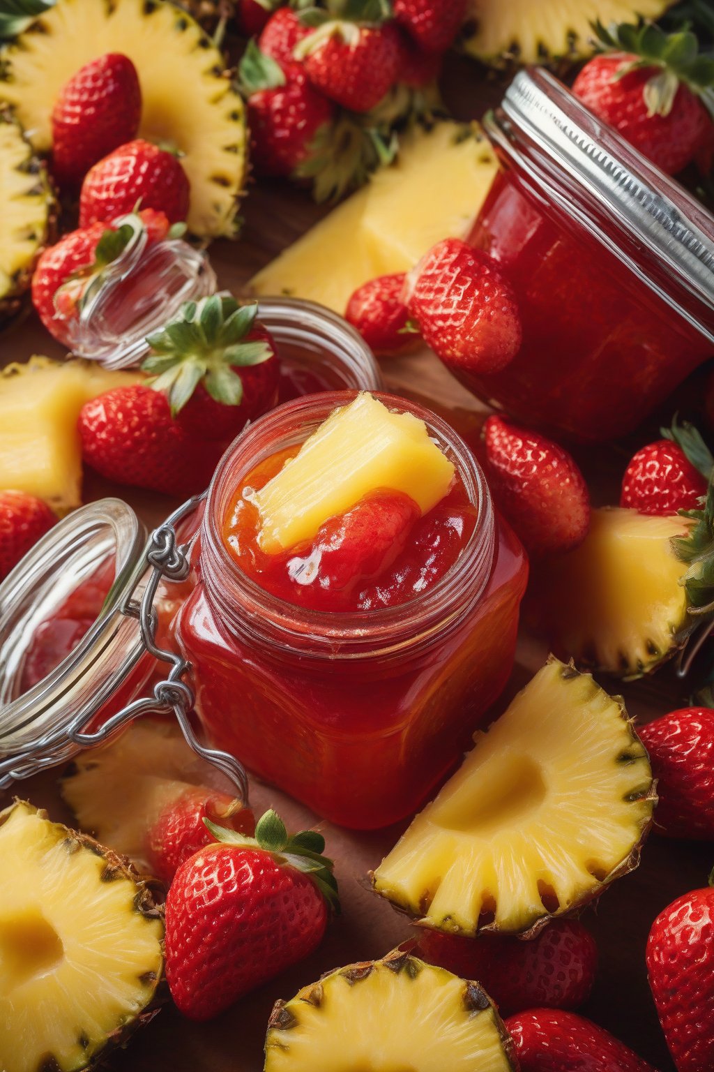 A high-resolution close-up photo of tropical strawberry pineapple pectin jam in a jar, vibrant with pineapple chunks, under soft lighting.