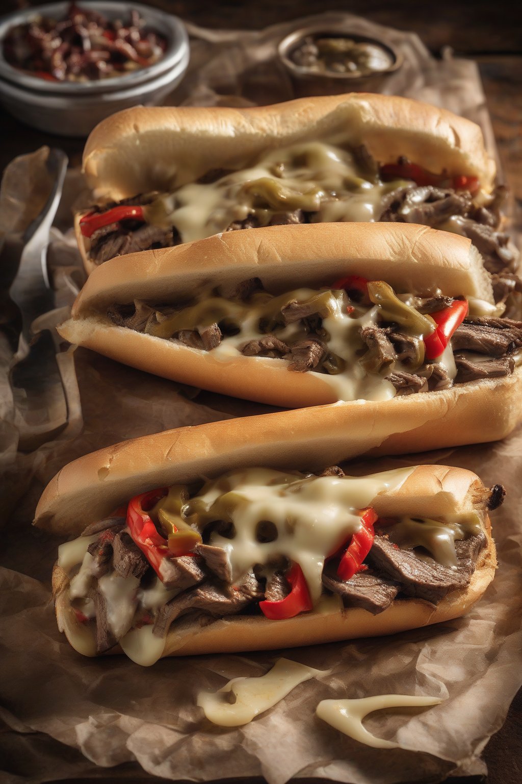 A high-resolution photo of a spicy hot pepper Philly cheesesteak with melted provolone and pepper slices amid juicy steak, under soft lighting.