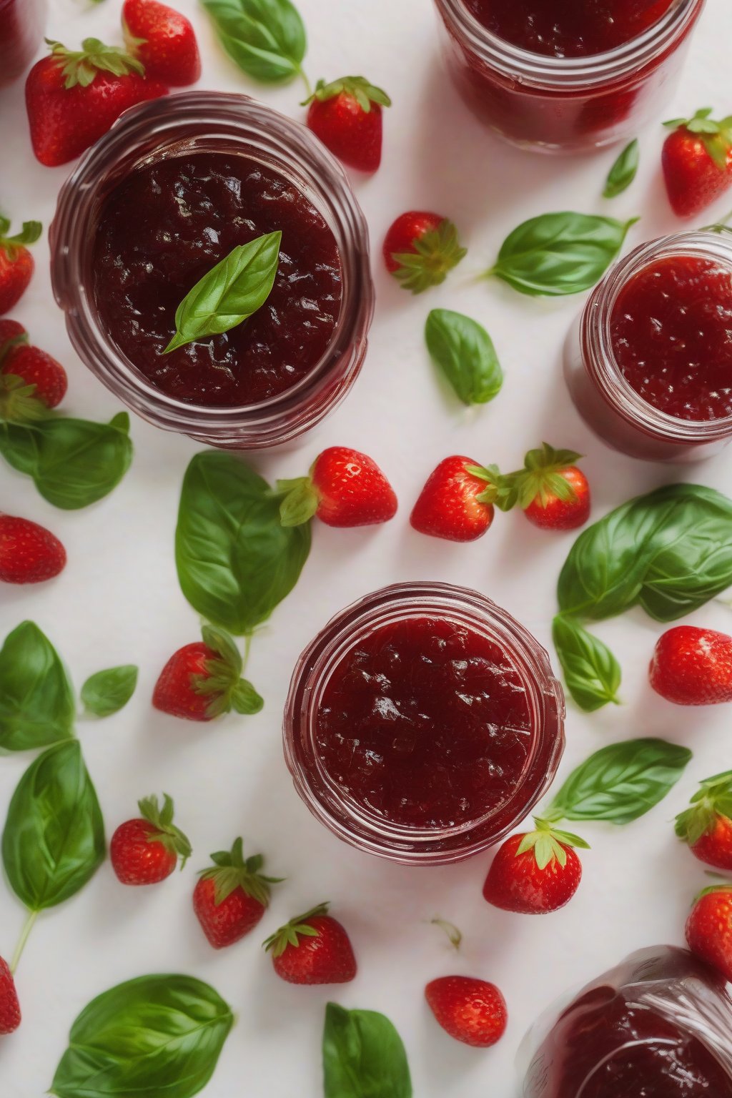 A high-resolution close-up photo of strawberry basil pectin jam in a jar, green basil bits in red jam with leaves, under soft lighting.