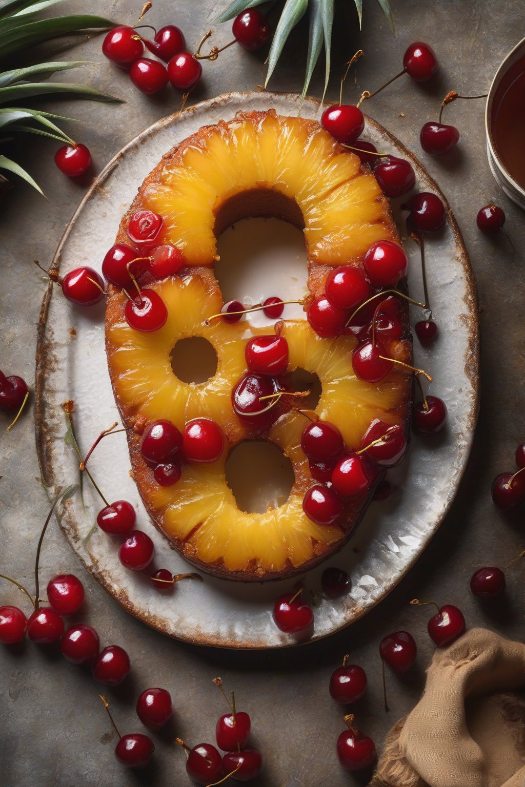 A high-resolution photo of a classic pineapple upside down cake with glistening pineapple rings and cherries on a rustic plate under soft lighting.