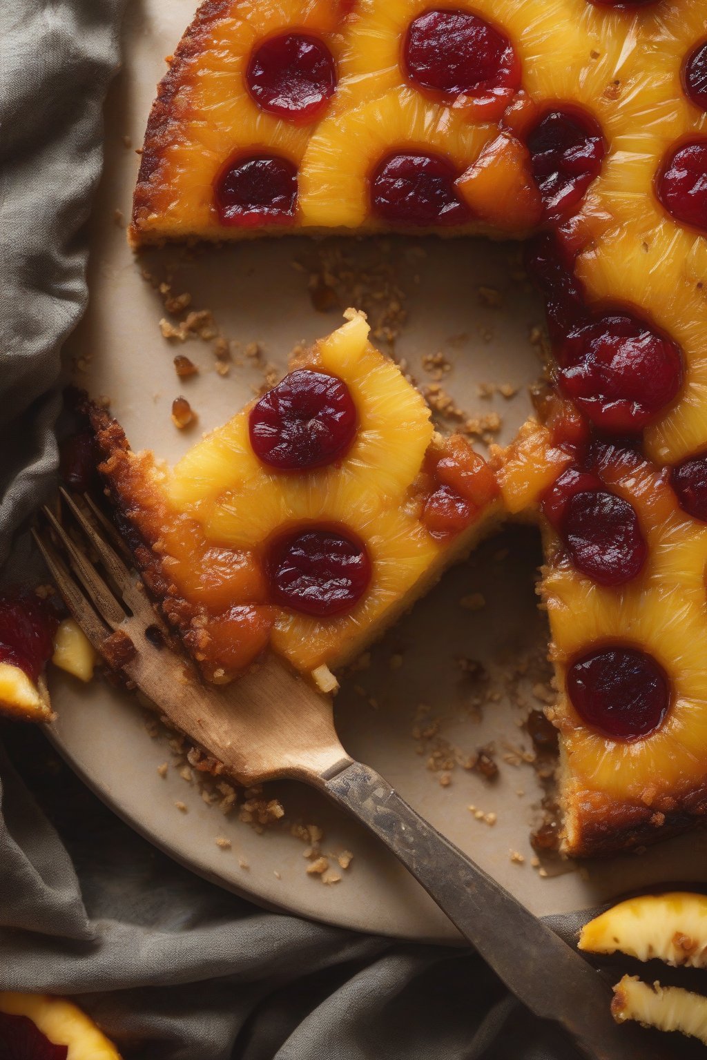 A high-resolution photo of a vegan pineapple upside down cake slice revealing moist crumb and caramelized fruit under soft lighting.