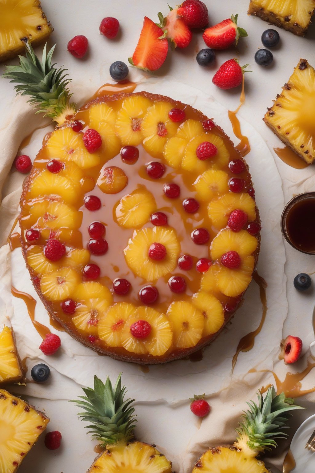 A high-resolution photo of a gluten-free pineapple upside down cake with perfect caramel drip and fruit pattern under soft lighting.