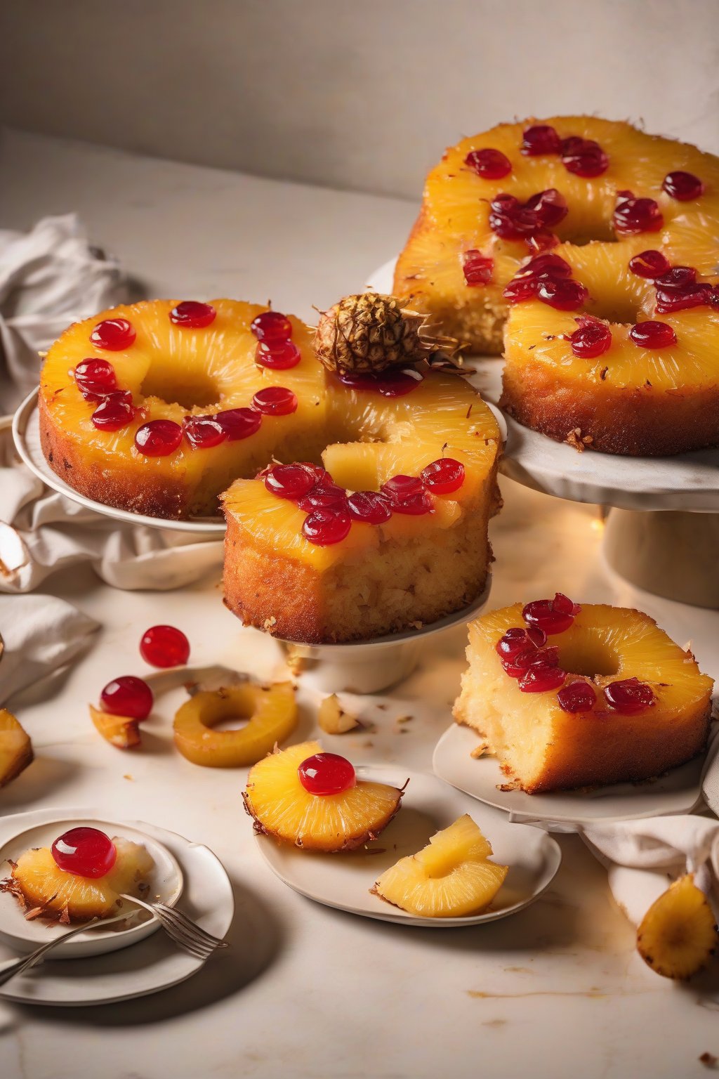 A high-resolution photo of coconut pineapple upside down cake topped with toasted shreds and juicy rings under soft lighting.
