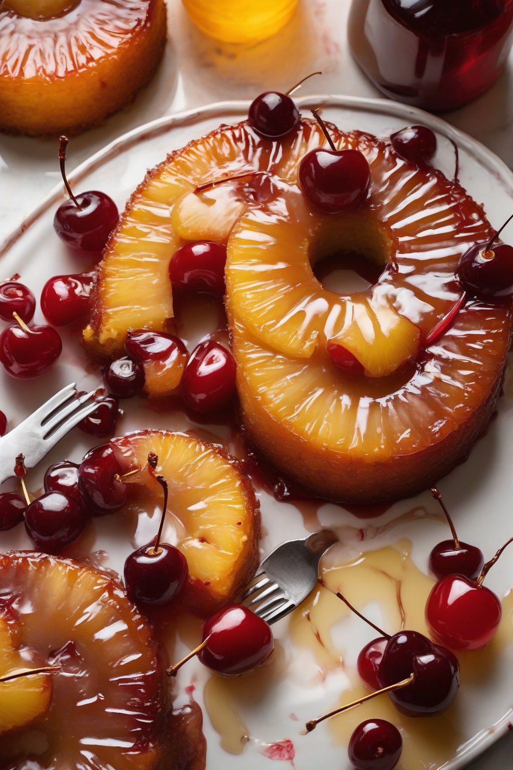 A high-resolution photo of rum pineapple upside down cake with glossy boozy glaze and cherries under soft lighting.