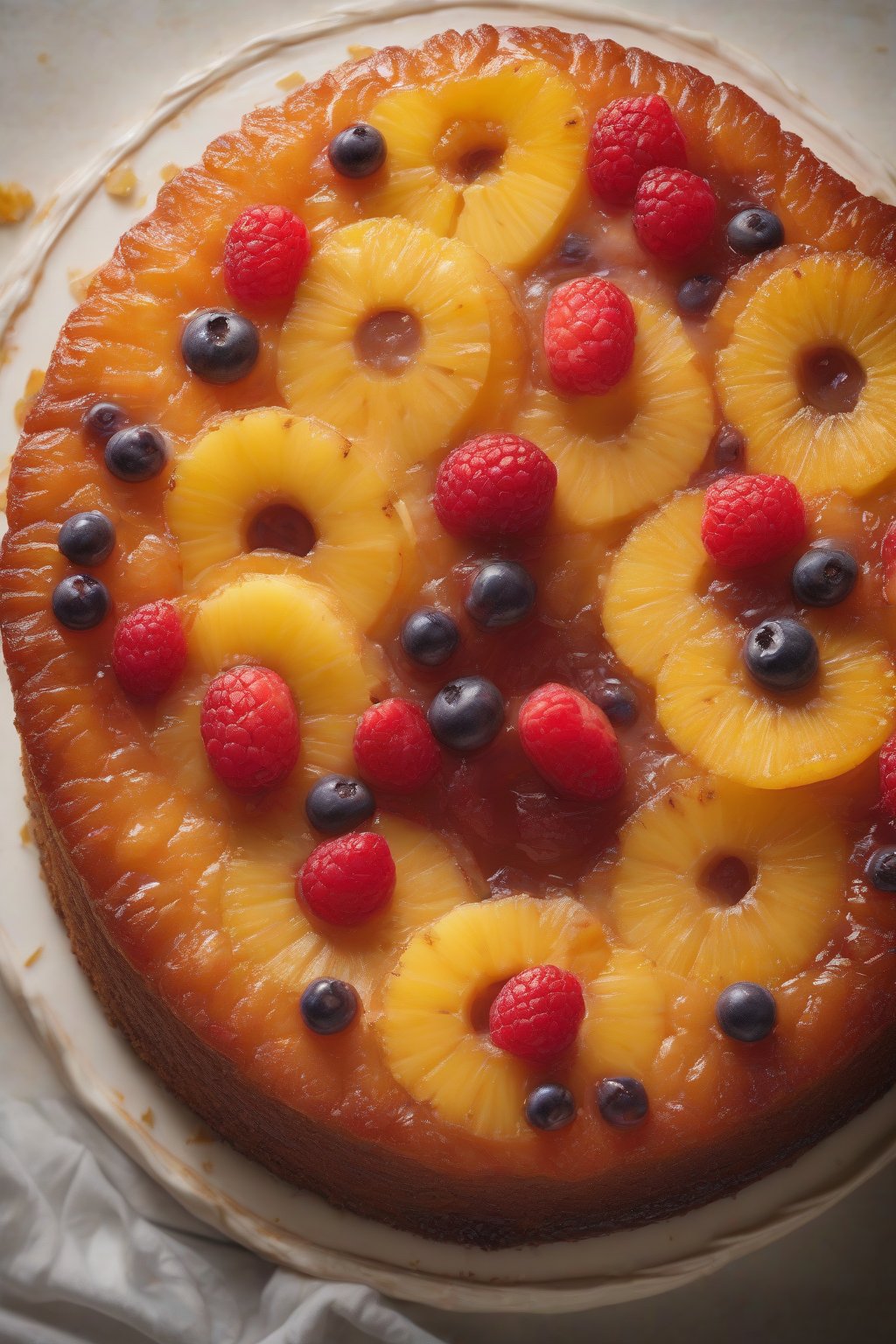 A high-resolution photo of banana-pineapple upside down cake showing layered fruit and soft cake under soft lighting.