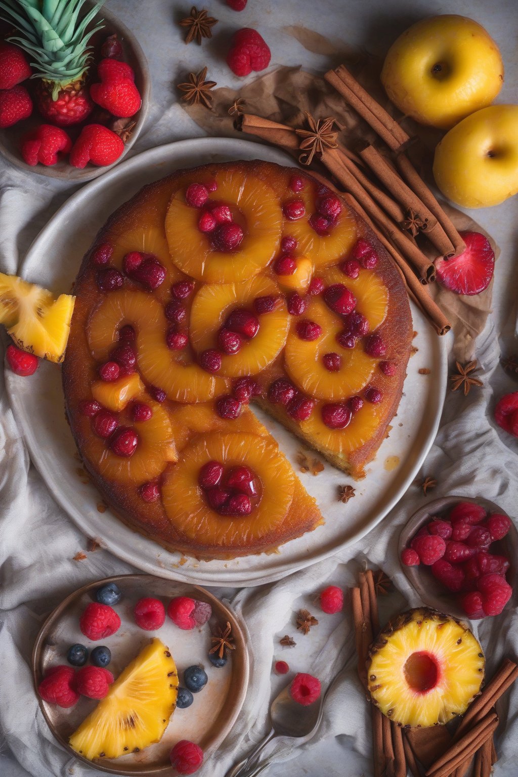 A high-resolution photo of spiced pineapple upside down cake with cinnamon-dusted top and vibrant fruit under soft lighting.