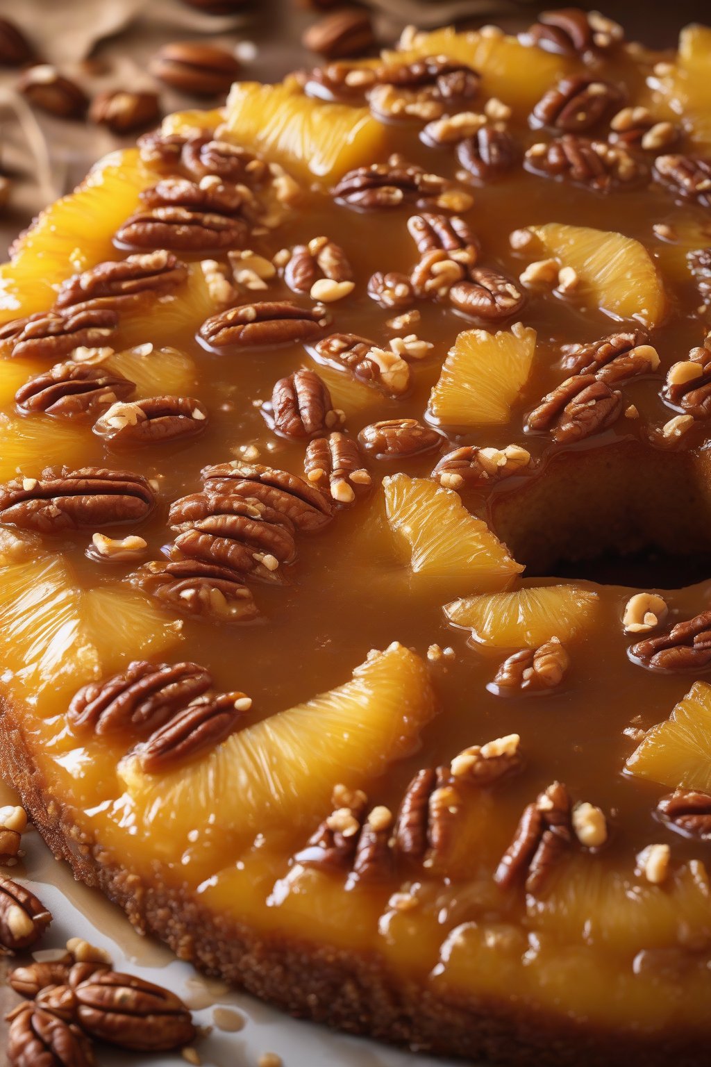 A high-resolution photo of pecan-crusted pineapple upside down cake with nuts glistening in caramel under soft lighting.