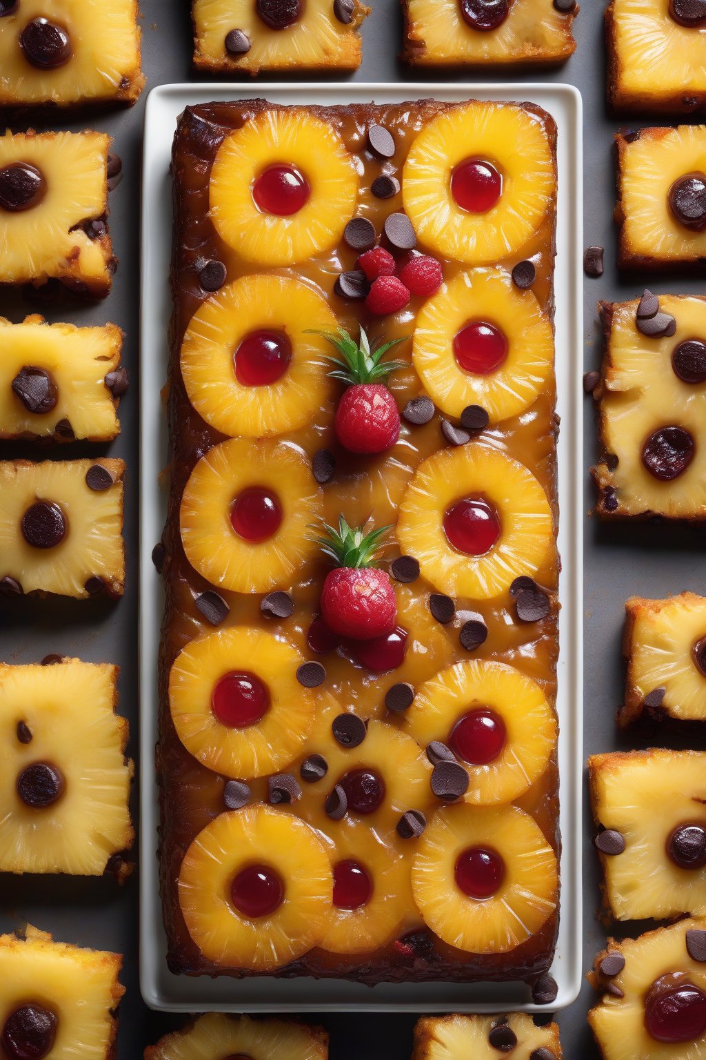 A high-resolution photo of chocolate-chip pineapple upside down cake with melty pockets amid fruit under soft lighting.
