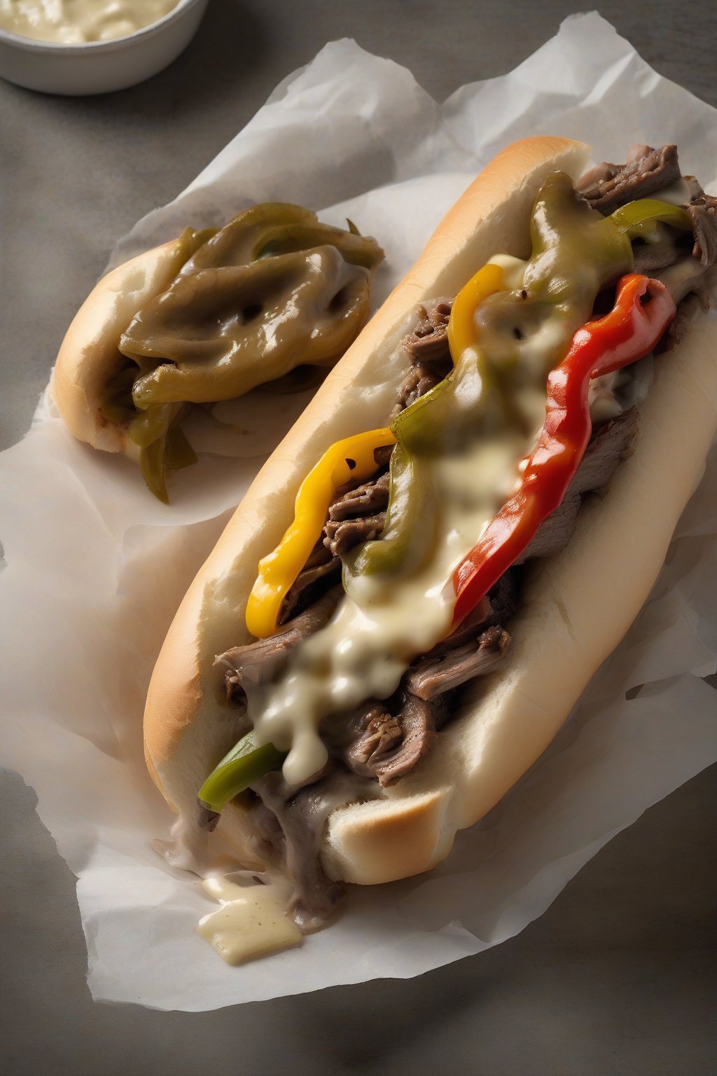 A high-resolution photo of an Italian long hots Philly cheesesteak, charred peppers and melted cheese atop thin beef slices on a roll, under soft lighting.