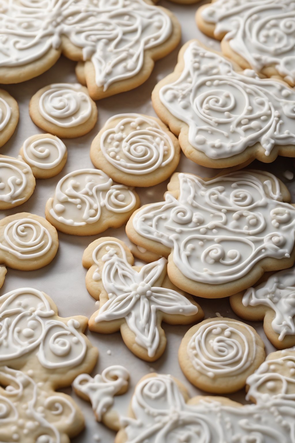 A high-resolution close-up photo of sugar cookies decorated with glossy white classic royal icing swirls and dots under soft lighting.