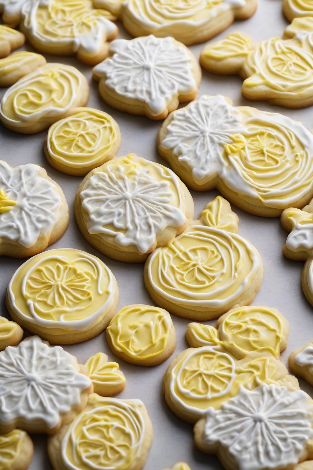 A high-resolution close-up photo of cookies piped with shiny lemon royal icing floods and piped borders under soft lighting.