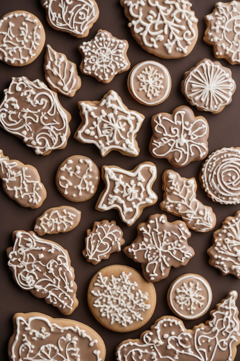 A high-resolution close-up photo of cookies covered in smooth chocolate royal icing with piped accents under soft lighting.