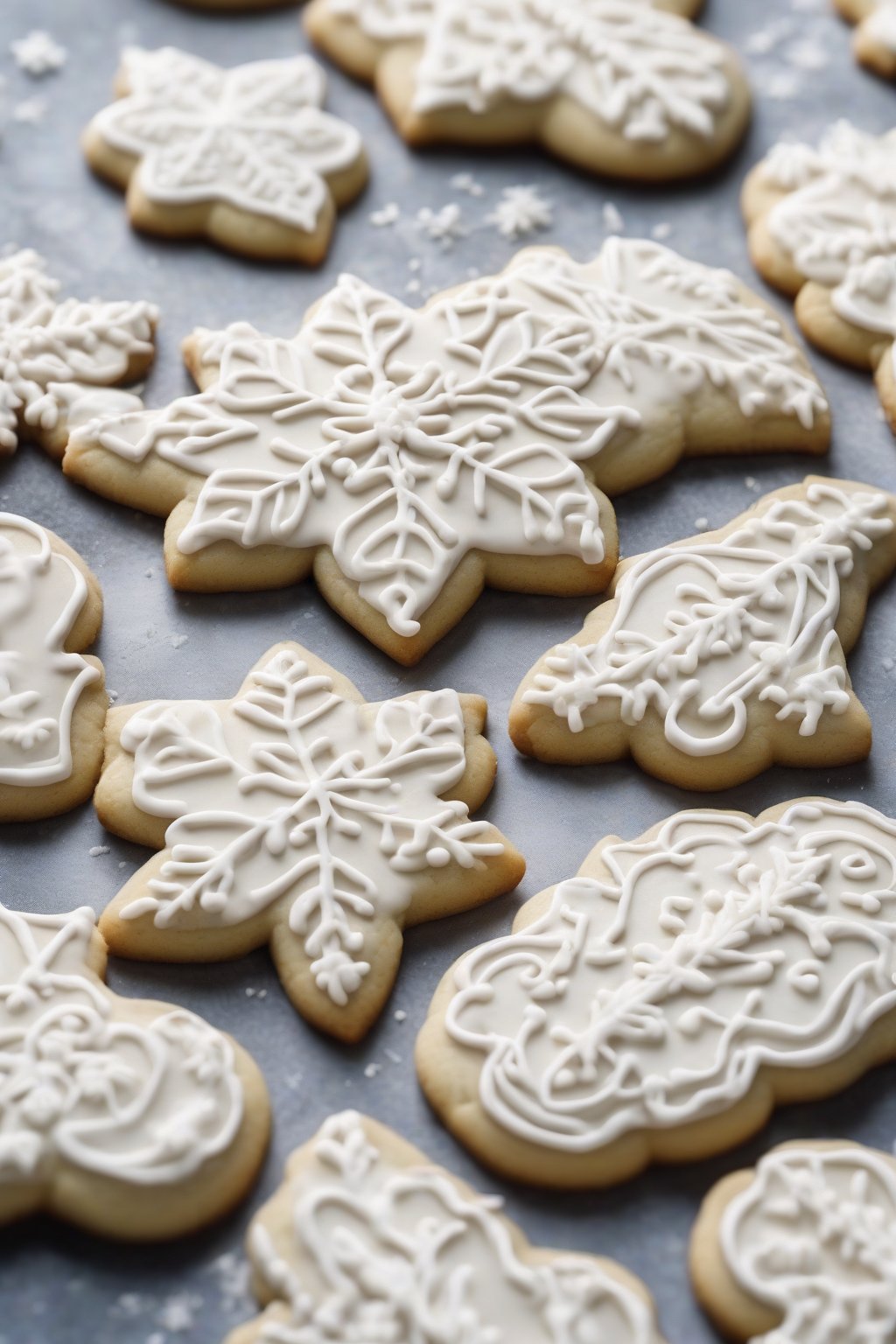 A high-resolution close-up photo of vegan sugar cookies with crisp white royal icing details under soft lighting.