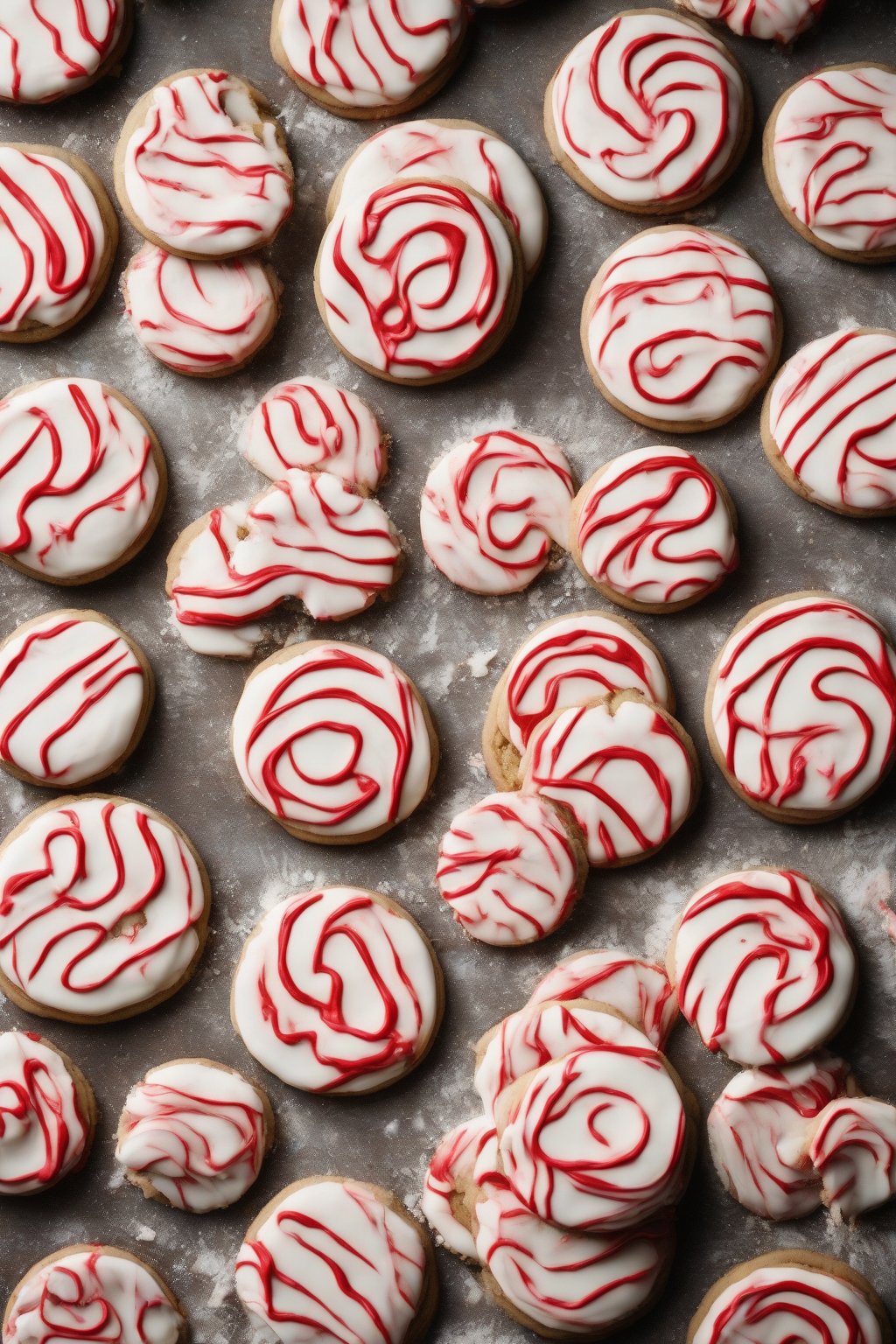 A high-resolution close-up photo of cookies with red-and-white peppermint royal icing stripes under soft lighting.