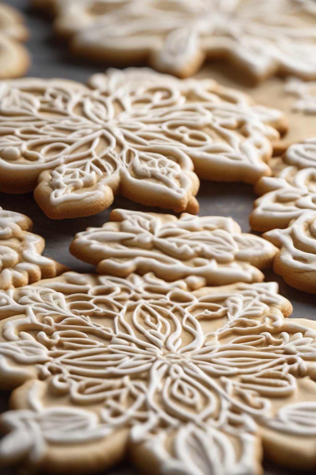 A high-resolution close-up photo of delicate almond royal icing filigree on golden cookies under soft lighting.