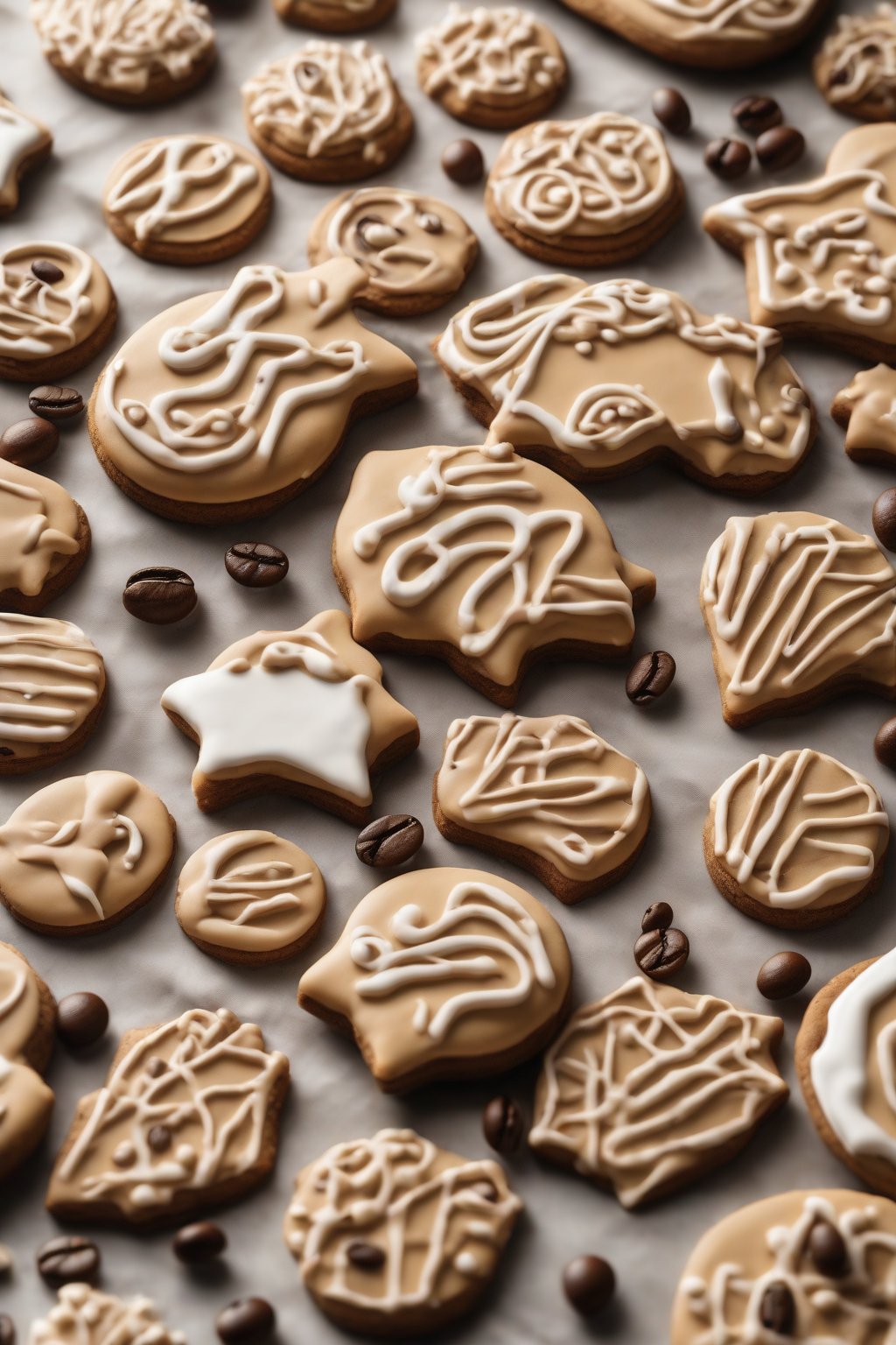 A high-resolution close-up photo of cookies flooded with coffee royal icing and coffee bean toppers under soft lighting.