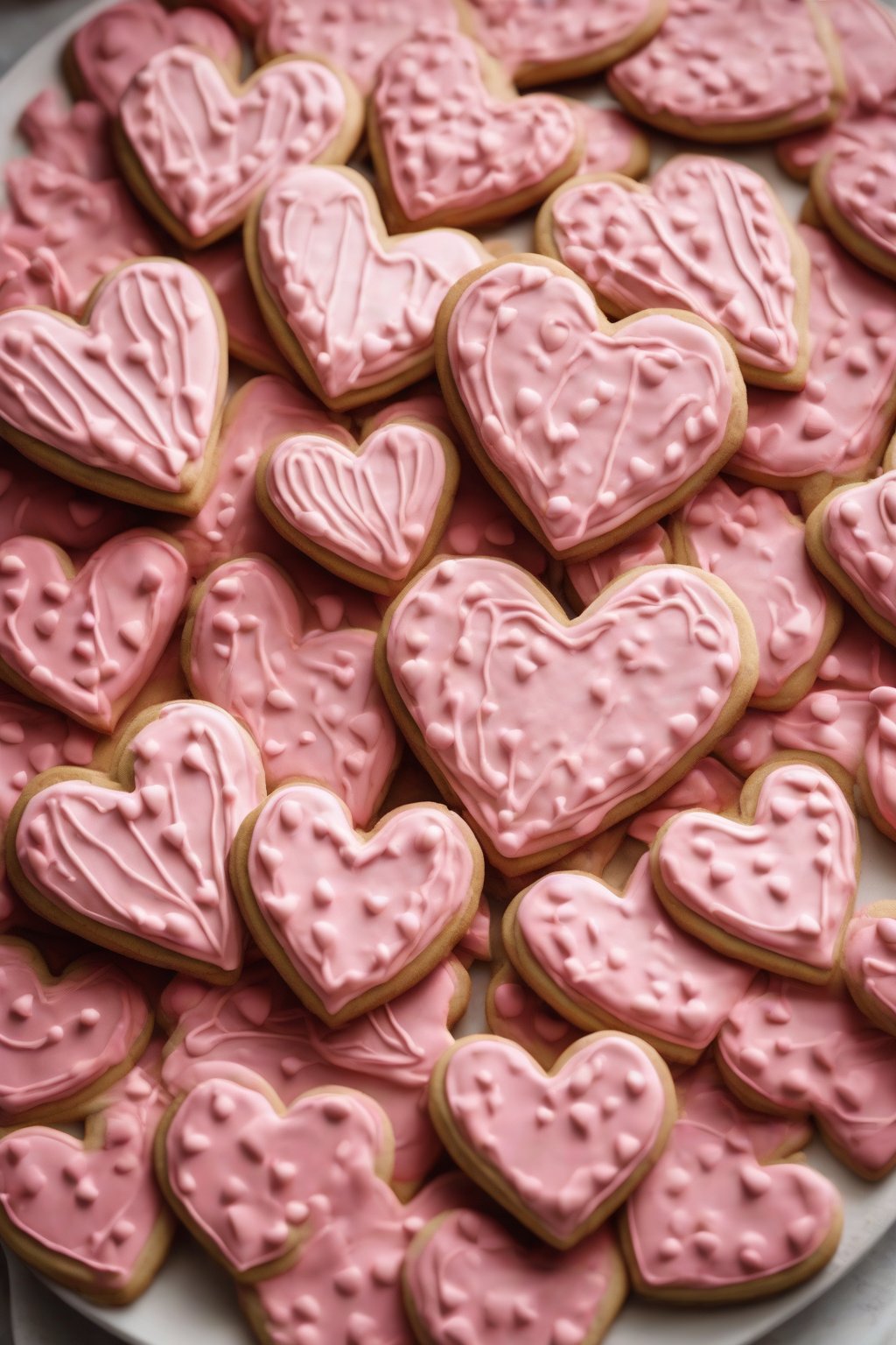 A high-resolution close-up photo of heart cookies with glossy strawberry royal icing petals under soft lighting.
