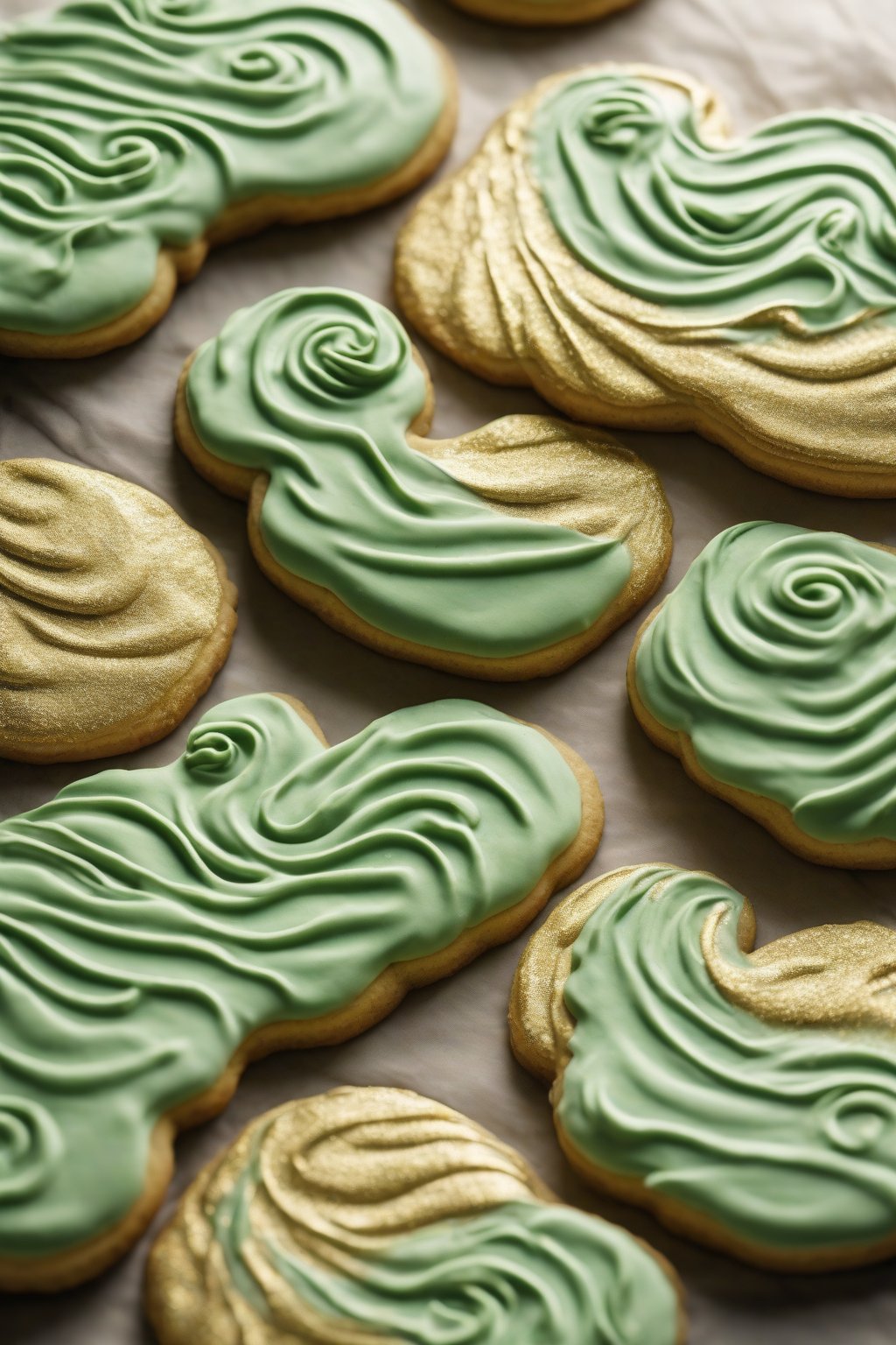 A high-resolution close-up photo of cookies with smooth matcha royal icing waves and gold dust under soft lighting.